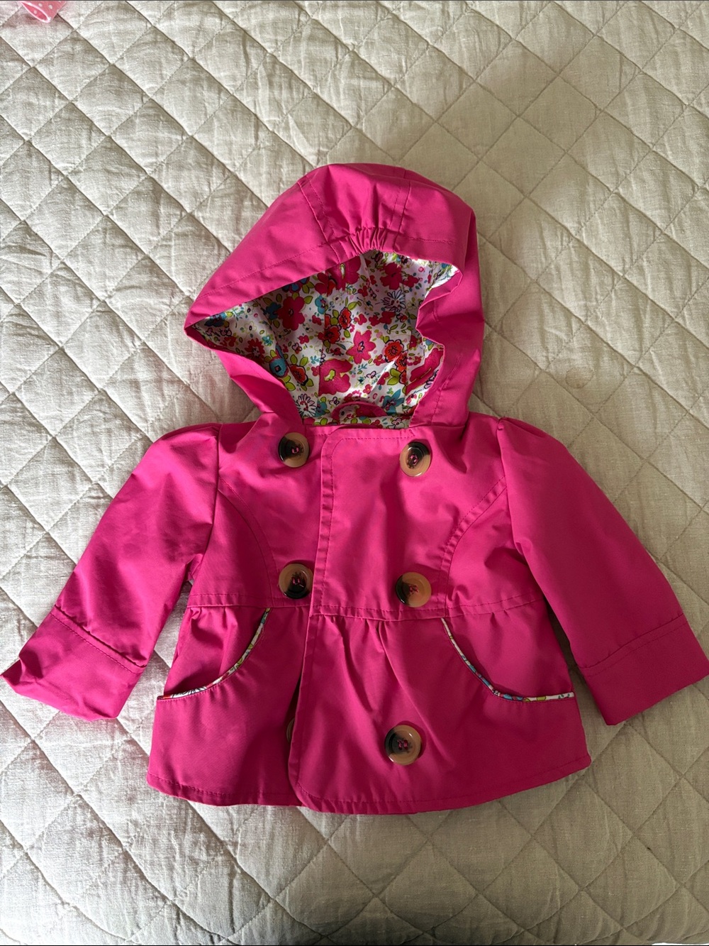 Pink Platinum Bright Pink Hooded Double-Breasted Raincoat